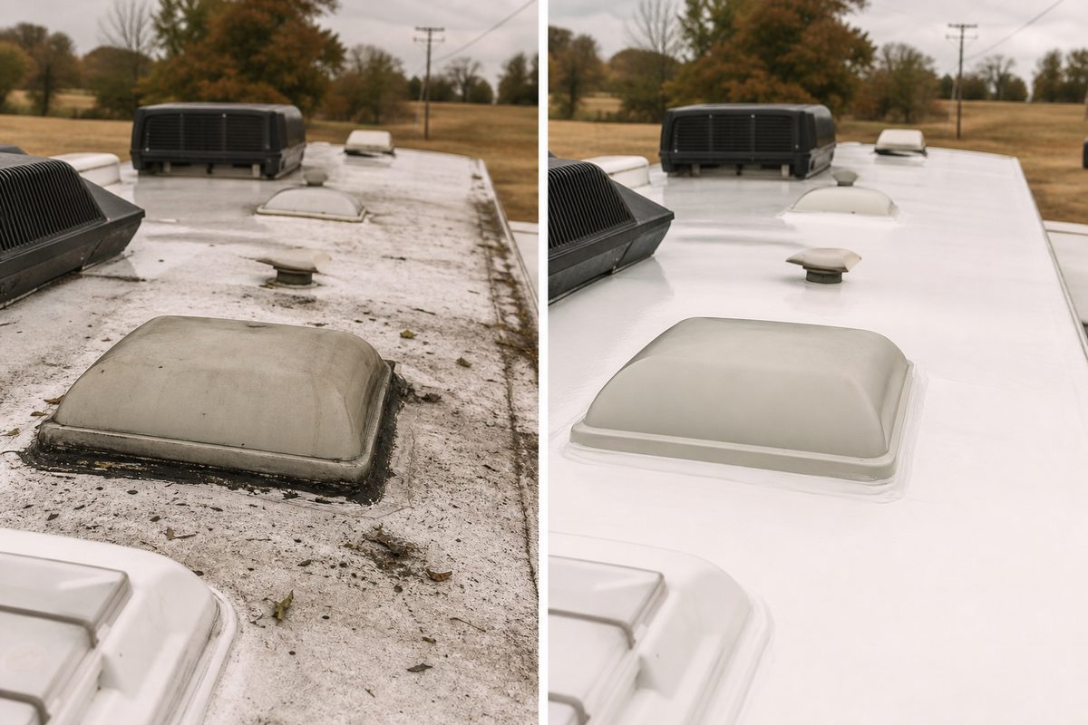 Before and after of a leaking RV roof