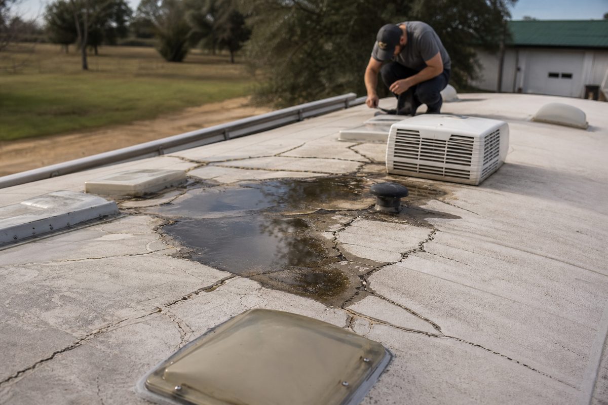 Cracked, leaking roof before coating