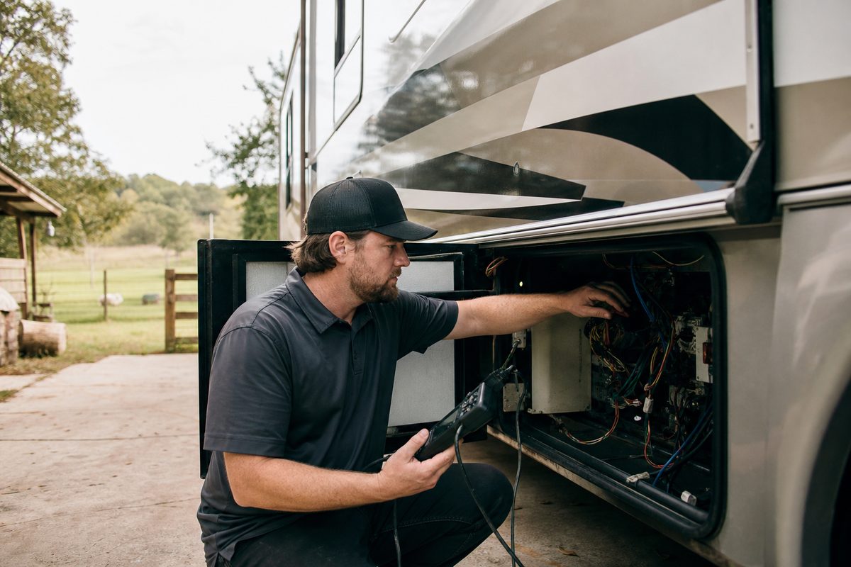 On-site diagnostic on a motorhome in a driveway
