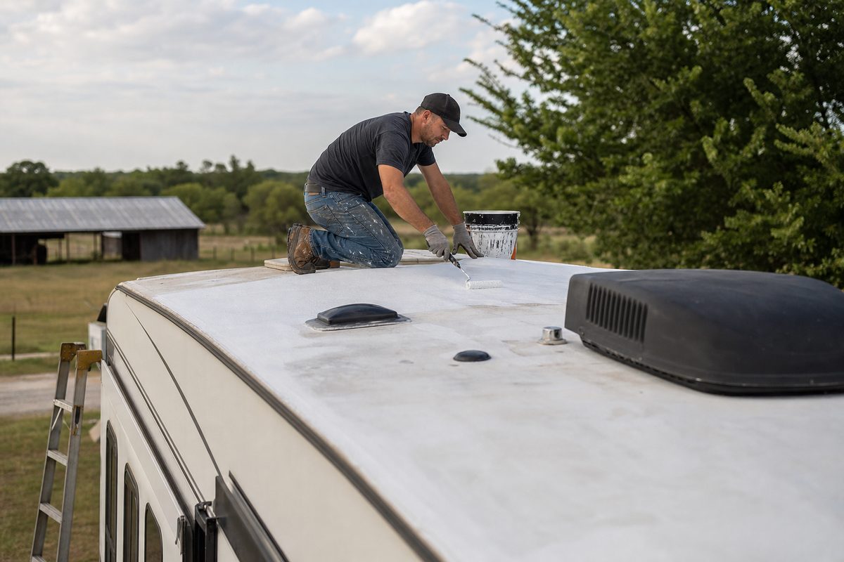 Roof coating in progress on a travel trailer