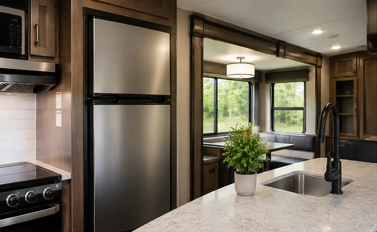 RV refrigerator pulled for service